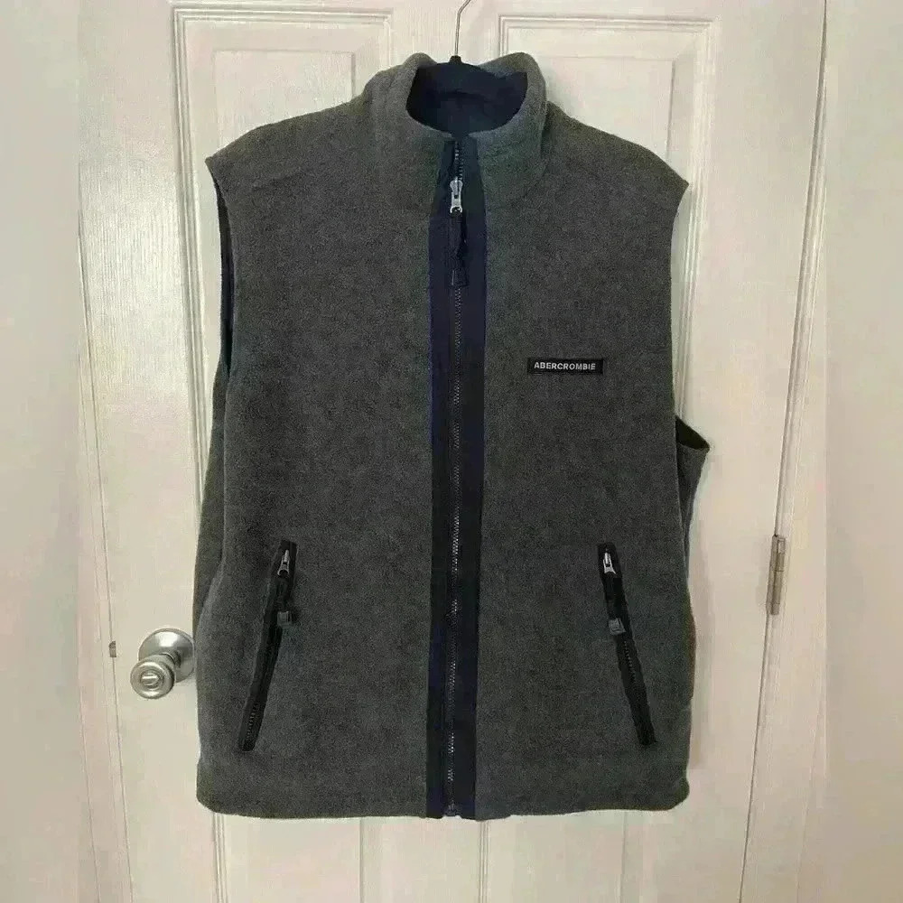 Abercrombie Fitch Vest Men's XL Navy Blue Gray Reversible Nylon Fleece Full Zip